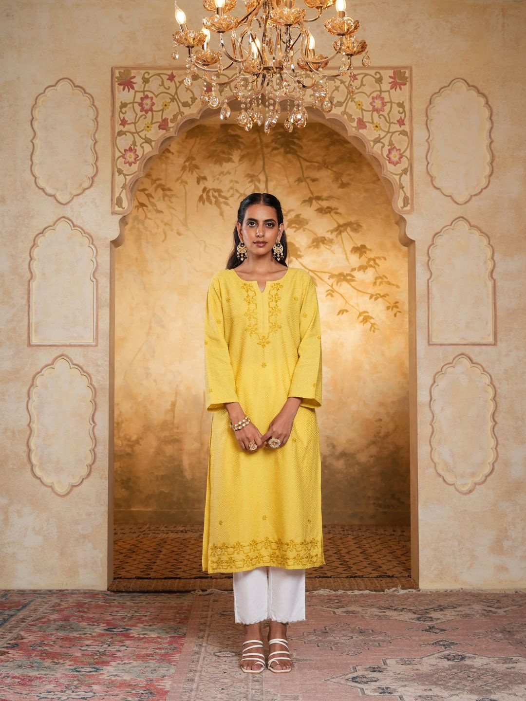 

House of Chikankari Chikankari Printed Kurta, Yellow