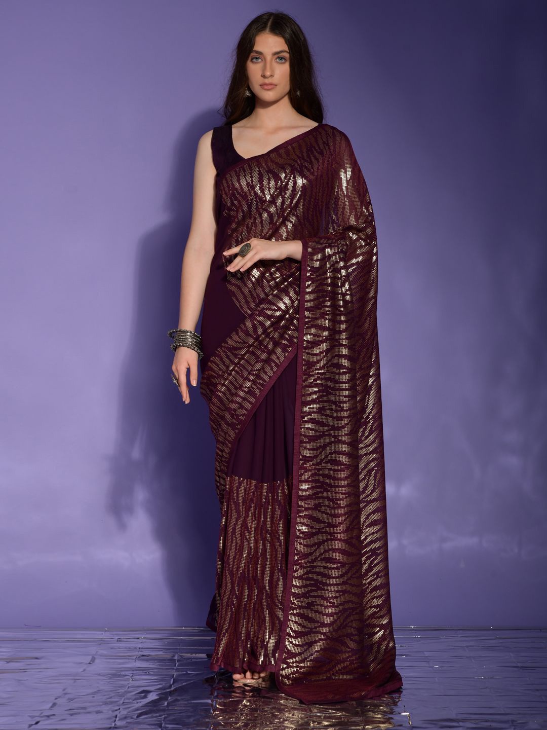 

Krimmple Sequinned Pure Georgette Saree, Purple
