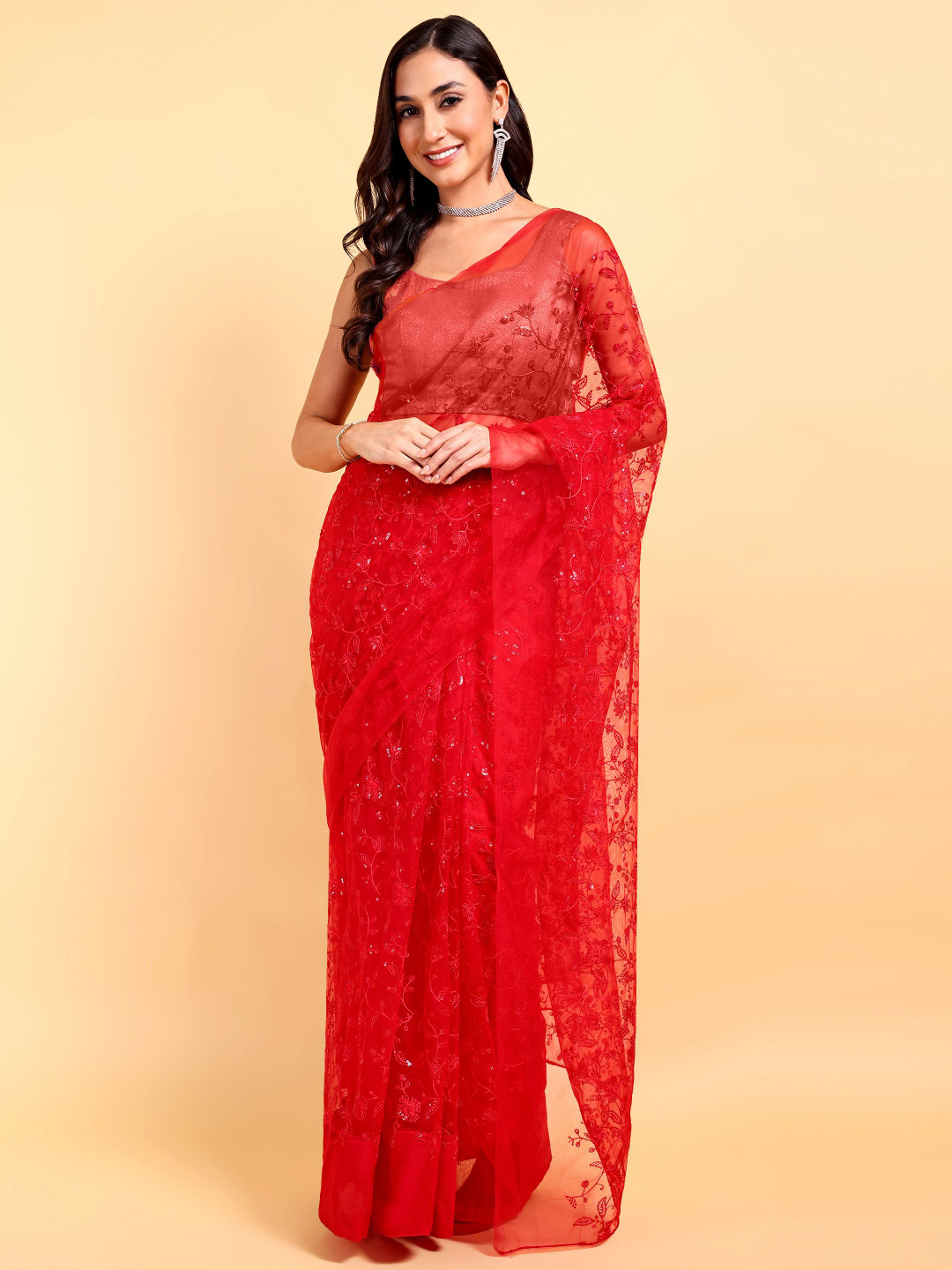 

DOERAA Floral Embellished Sequinned Saree, Red