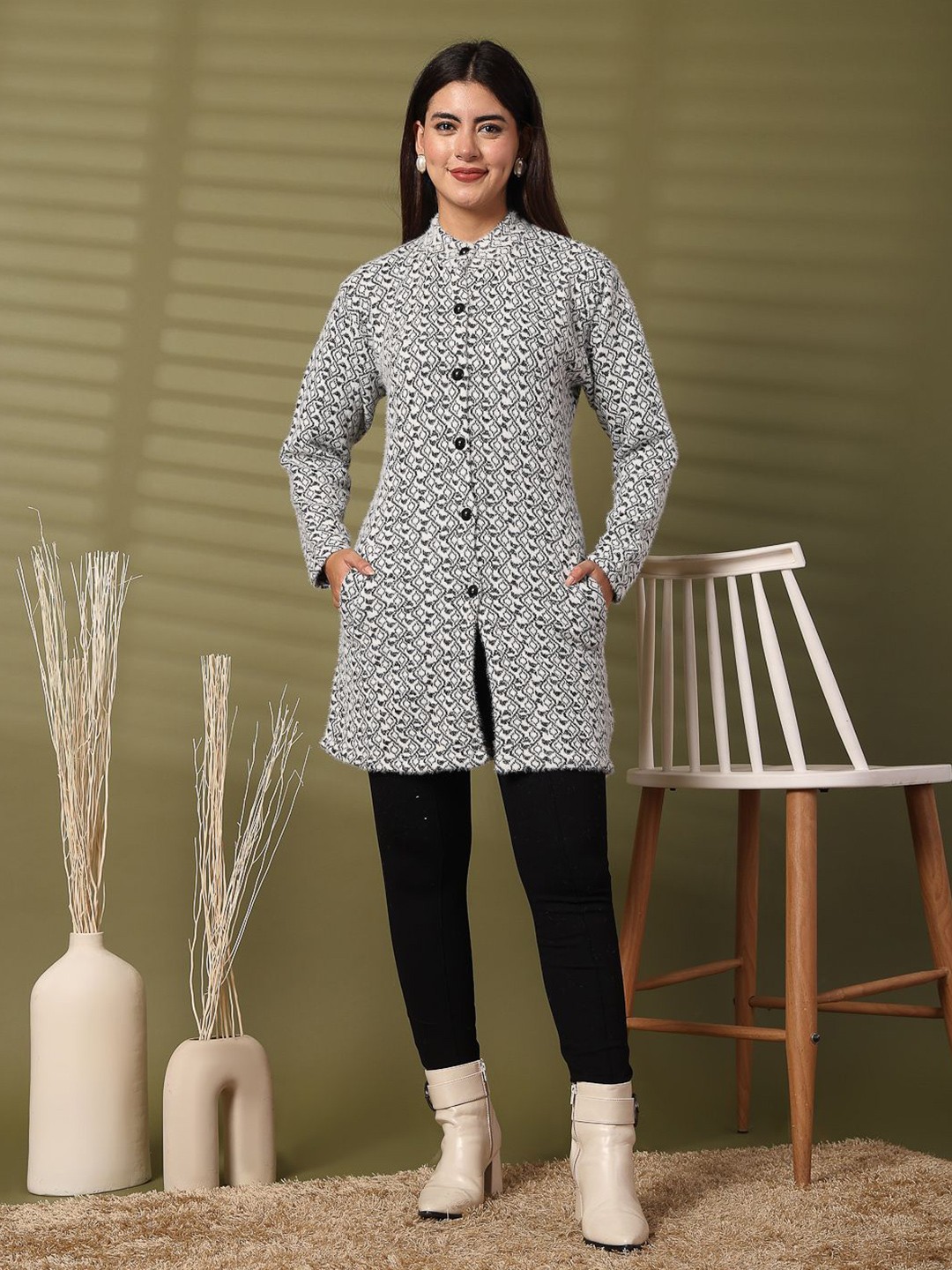 

Clora Creation Women Geometric Printed Woollen Longline Cardigan with Fuzzy Detail, Black