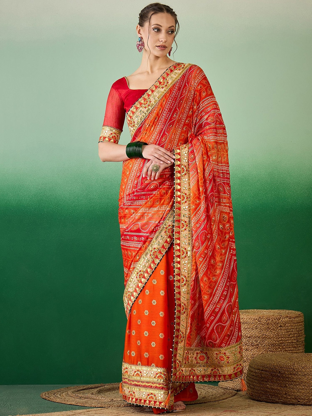 

KALINI Bandhani Gotta Patti Pure Chiffon Half and Half Bandhani Saree, Orange