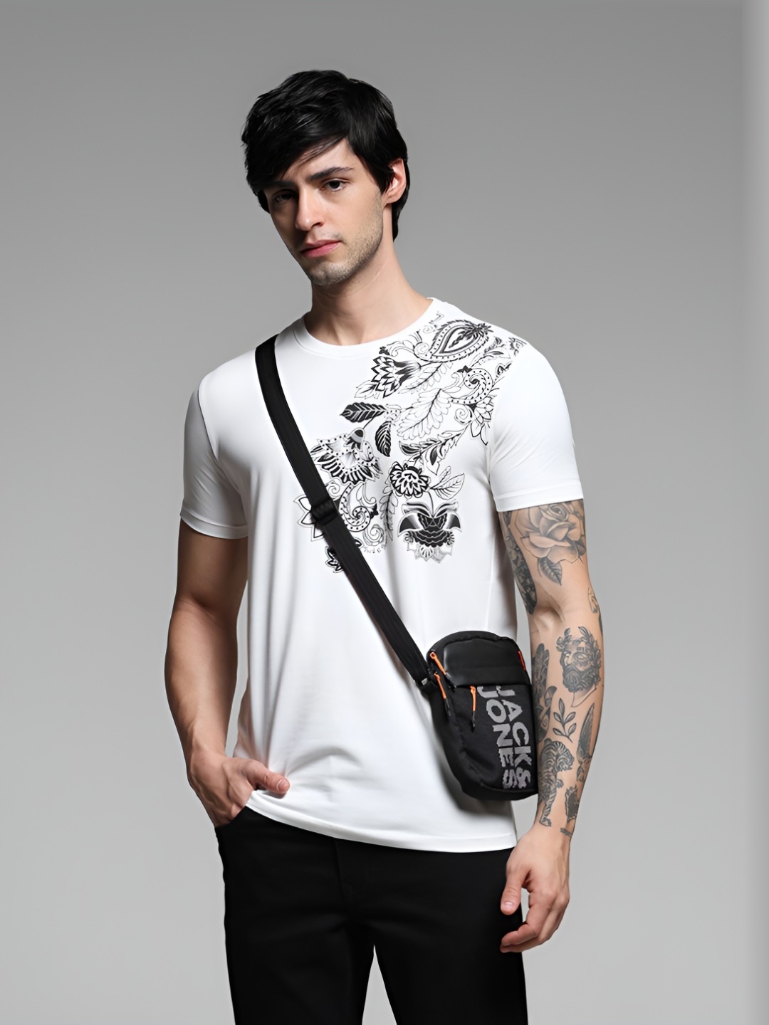 

Jack & Jones Men Floral Printed Round Neck Cotton Slim Fit T-shirt, White