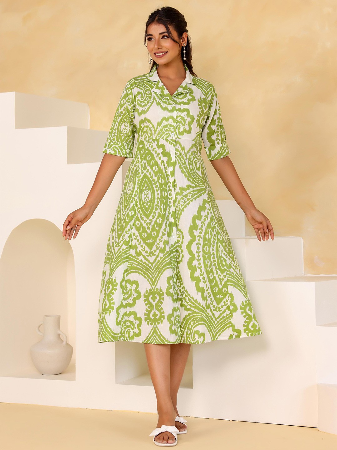

FLAVIA CREATION Ethnic Motifs Printed A-Line Midi Dress, Green