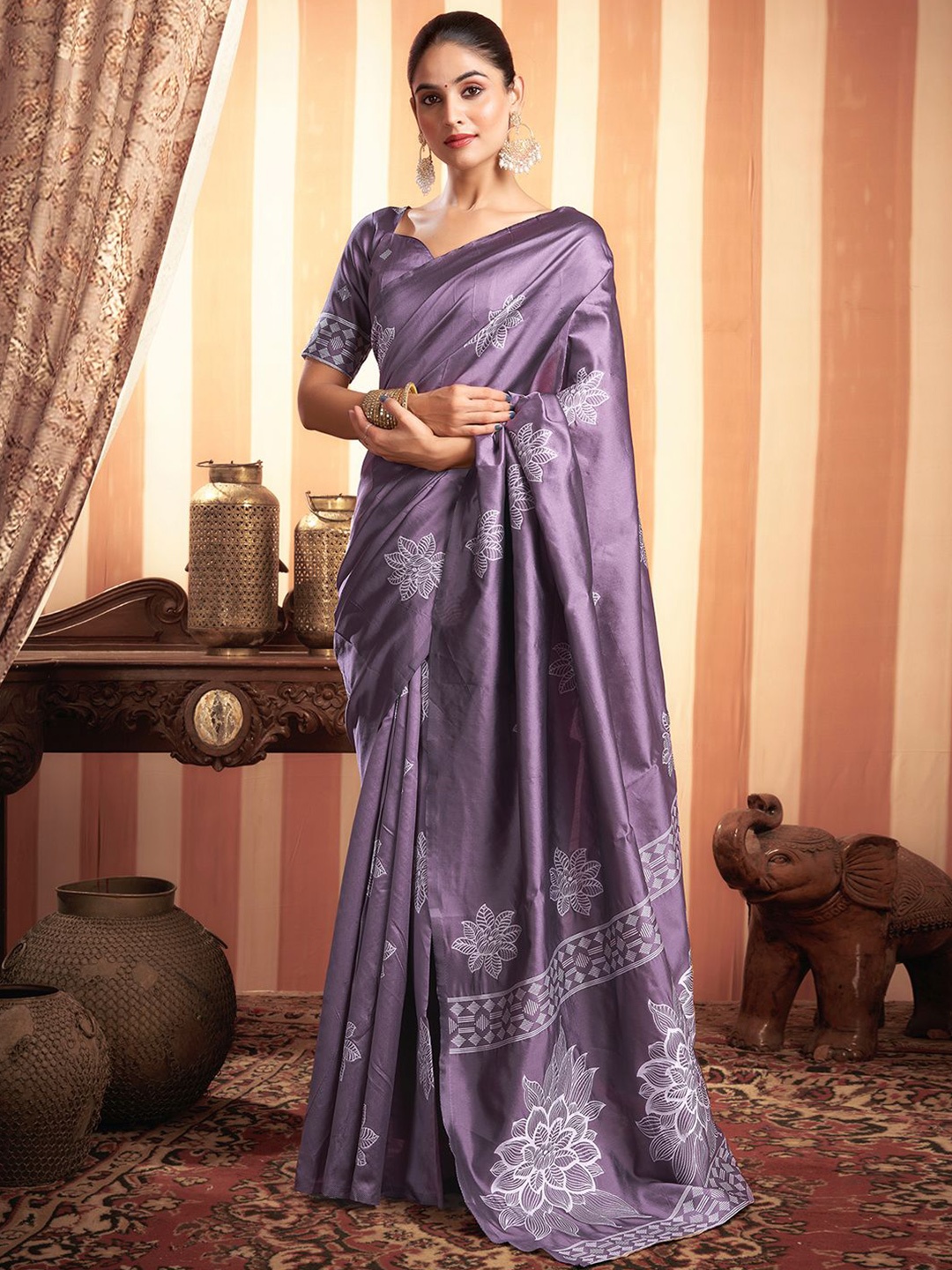 

all about you Ethnic Motifs Pure Silk Banarasi Saree, Purple