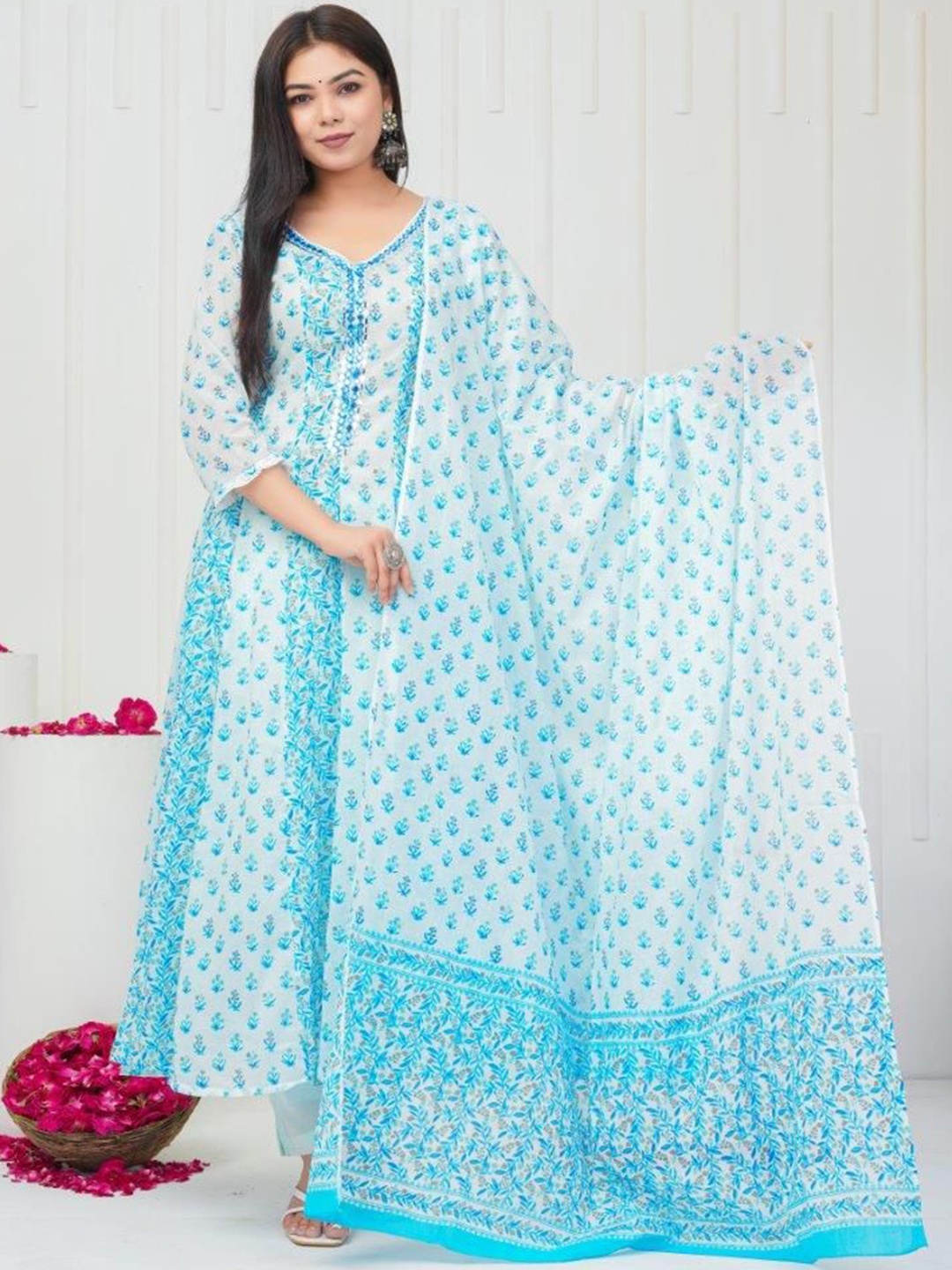 

SIGNORIA Floral Printed Mirror Work Pure Cotton Anarkali Kurta with Trousers & Dupatta, Blue