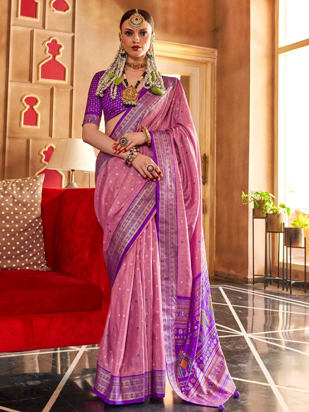 

Panzora Polka Dot Zari Silk Blend Patola Saree, Pink