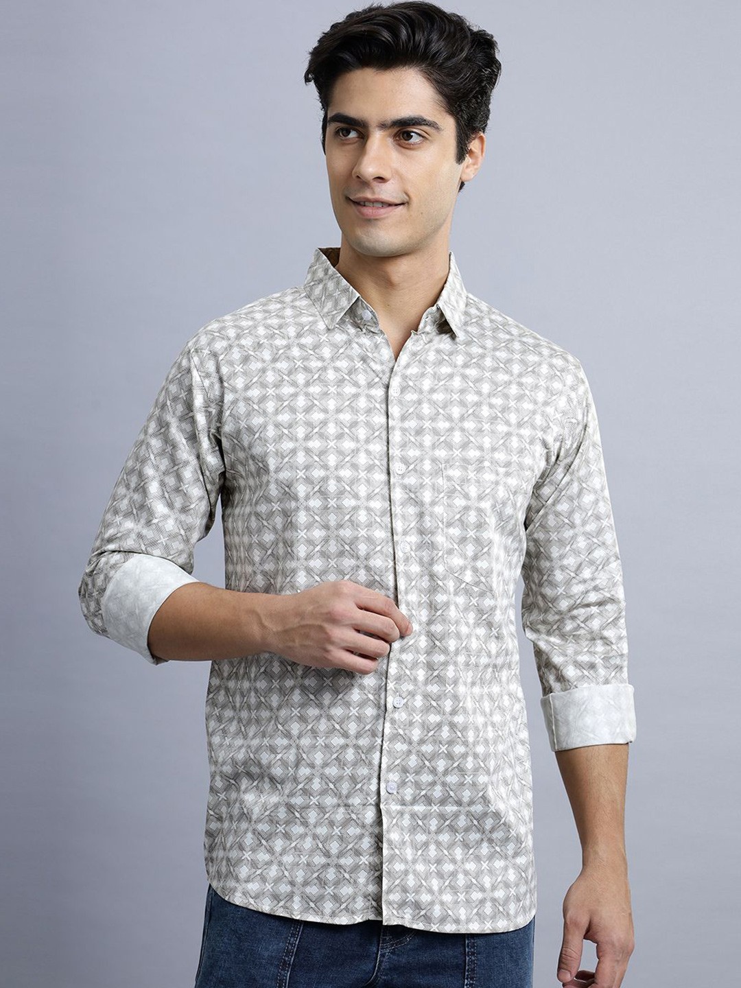 

N AND J Men Classic Spread Collar Geometric Printed Cotton Casual Shirt, Grey