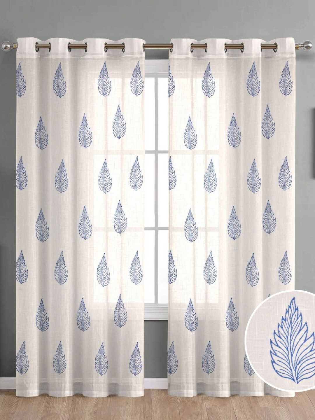 

THE LINEN COMPANY White & Blue 2 Pieces Floral Printed Cotton Sheer Window Curtain