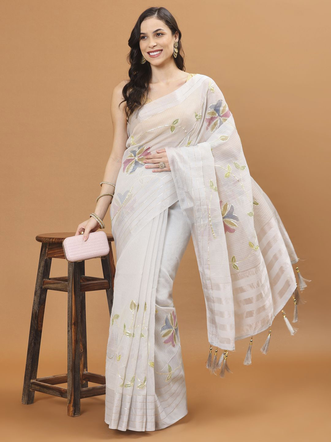 

Meena Bazaar Floral Printed GotaPatti Embroidered Saree, Grey