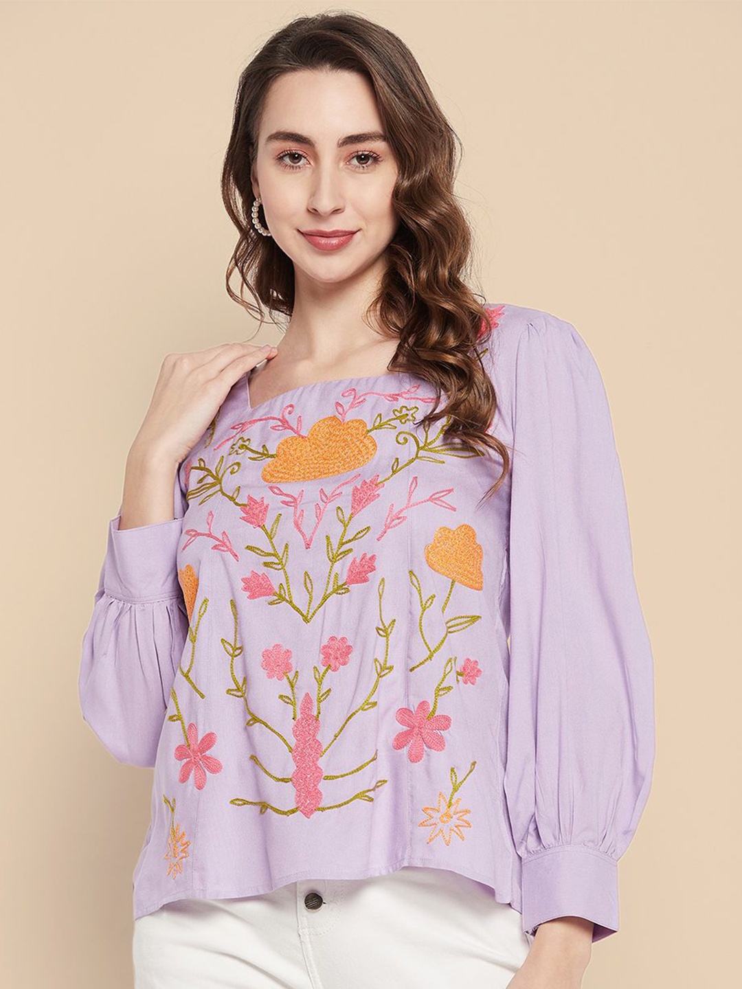 

all about you Women Embroidered Cuffed Sleeves Top, Lavender