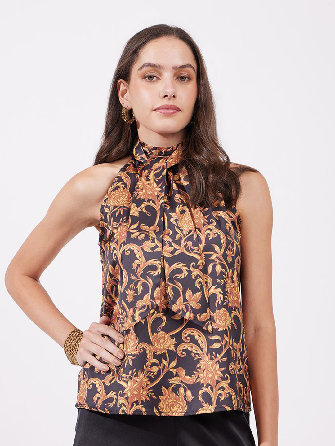 

FableStreet Women Floral Printed Halter Neck Top, Yellow