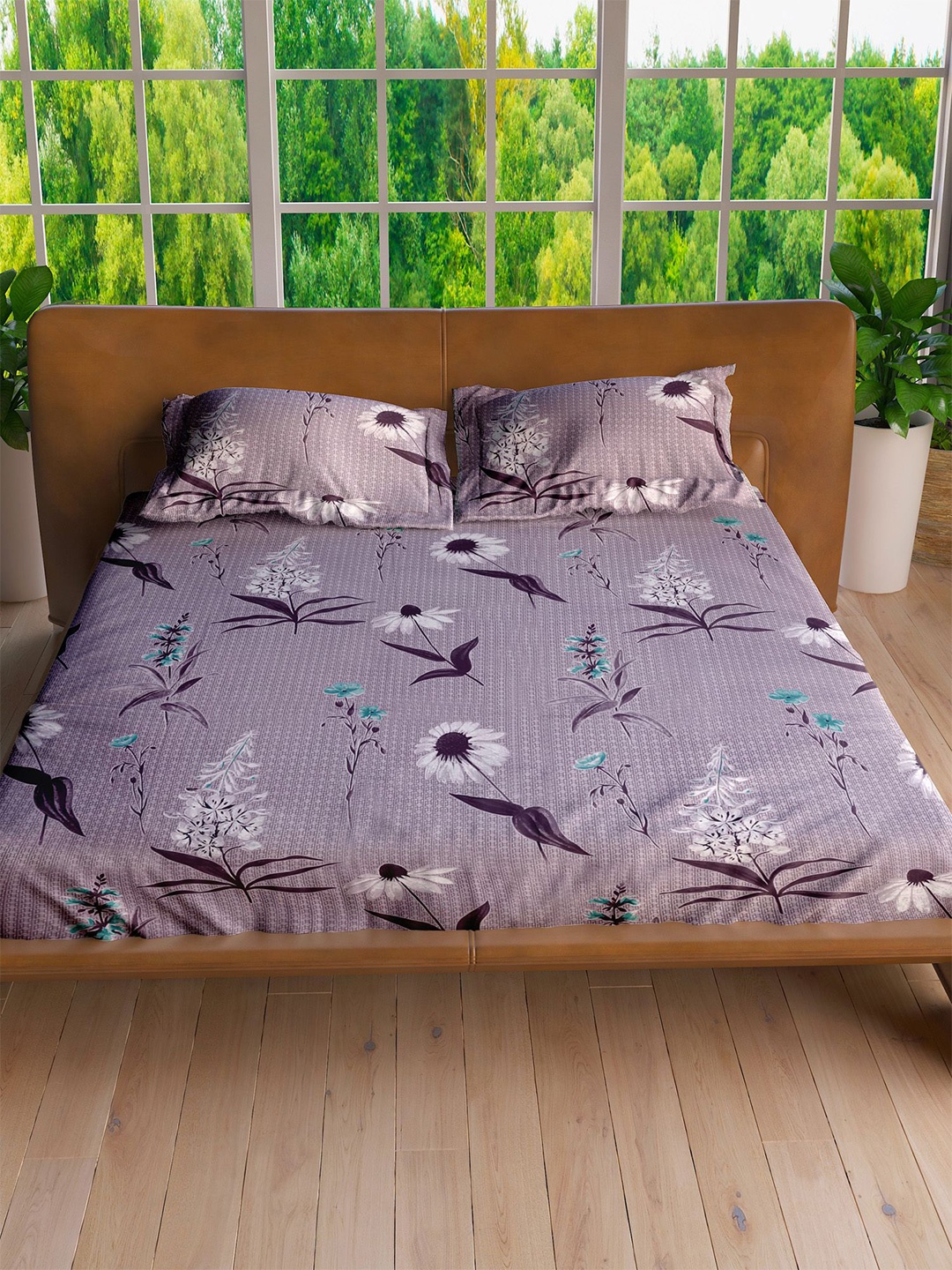 

LABHAM Purple & White Floral Cotton 160 TC King Bedsheet with 2 Pillow Covers