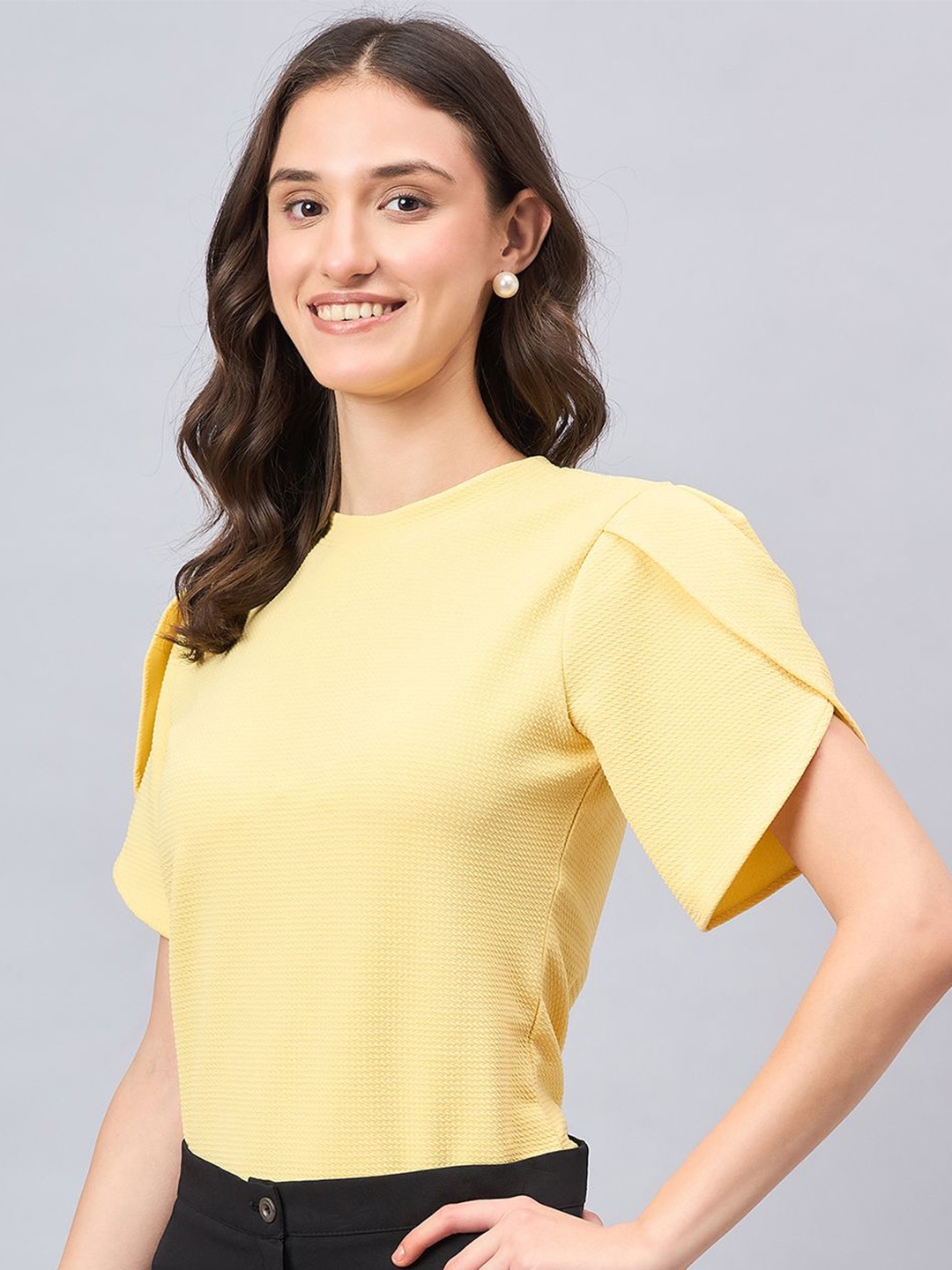 

Style Quotient Women Solid Polyester Tulip Sleeve Top, Yellow
