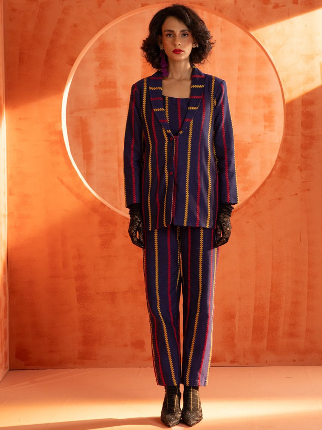 

Indethnic Woven Design V-Neck Pure Cotton Top & Trousers With Coat, Blue
