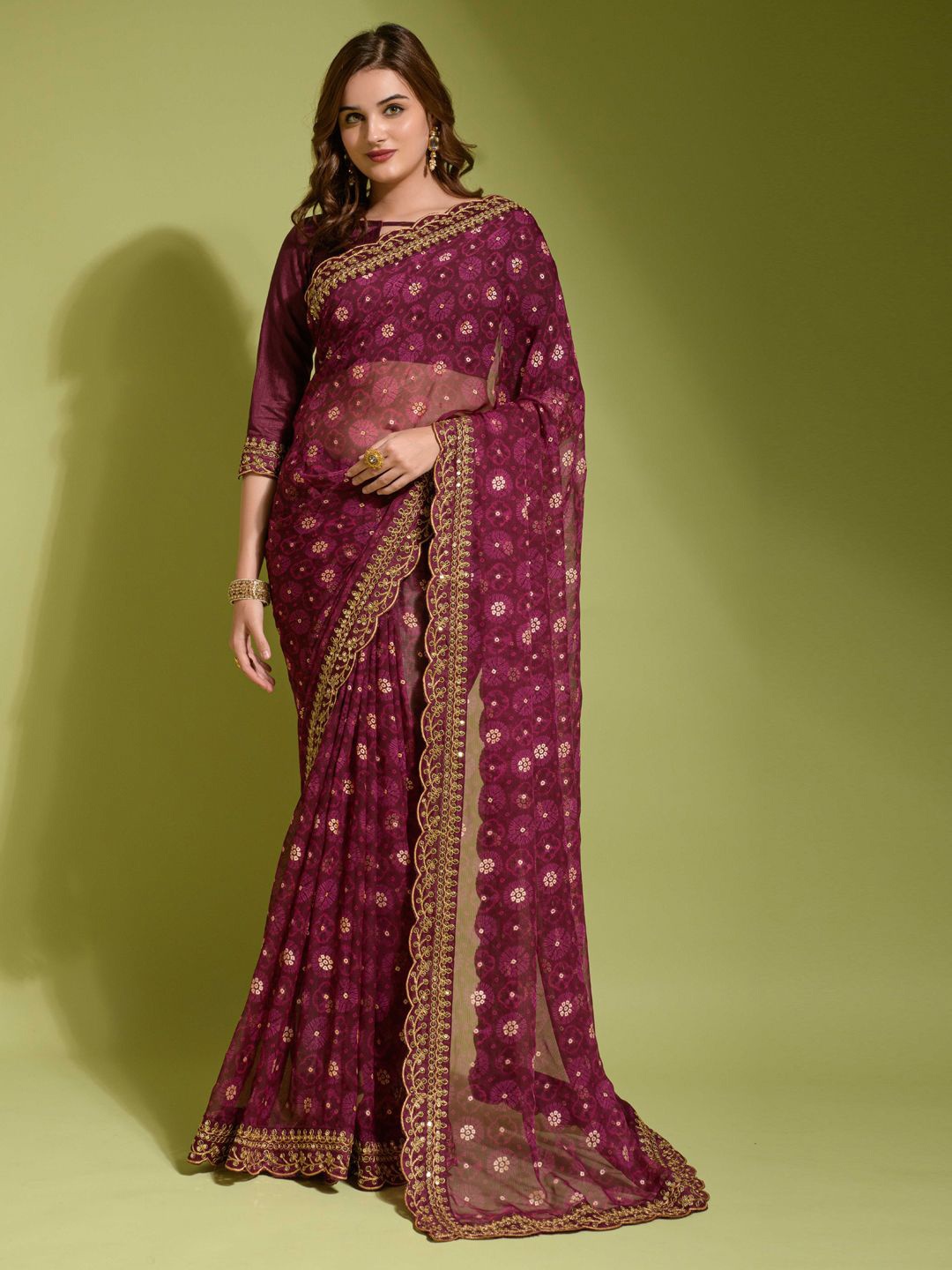 

Krimmple Ethnic Motifs Sequinned Pure Chiffon Saree, Purple