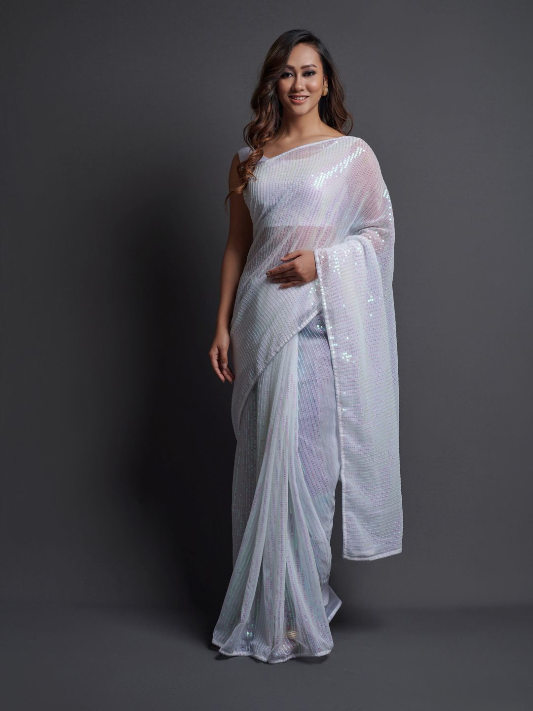 

Krimmple Striped Sequinned Pure Georgette Saree, White