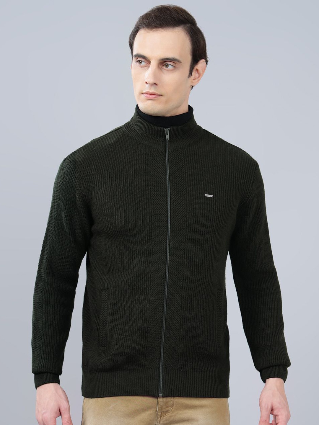 

Cantabil Men Mock Collar Ribbed Sweaters, Olive