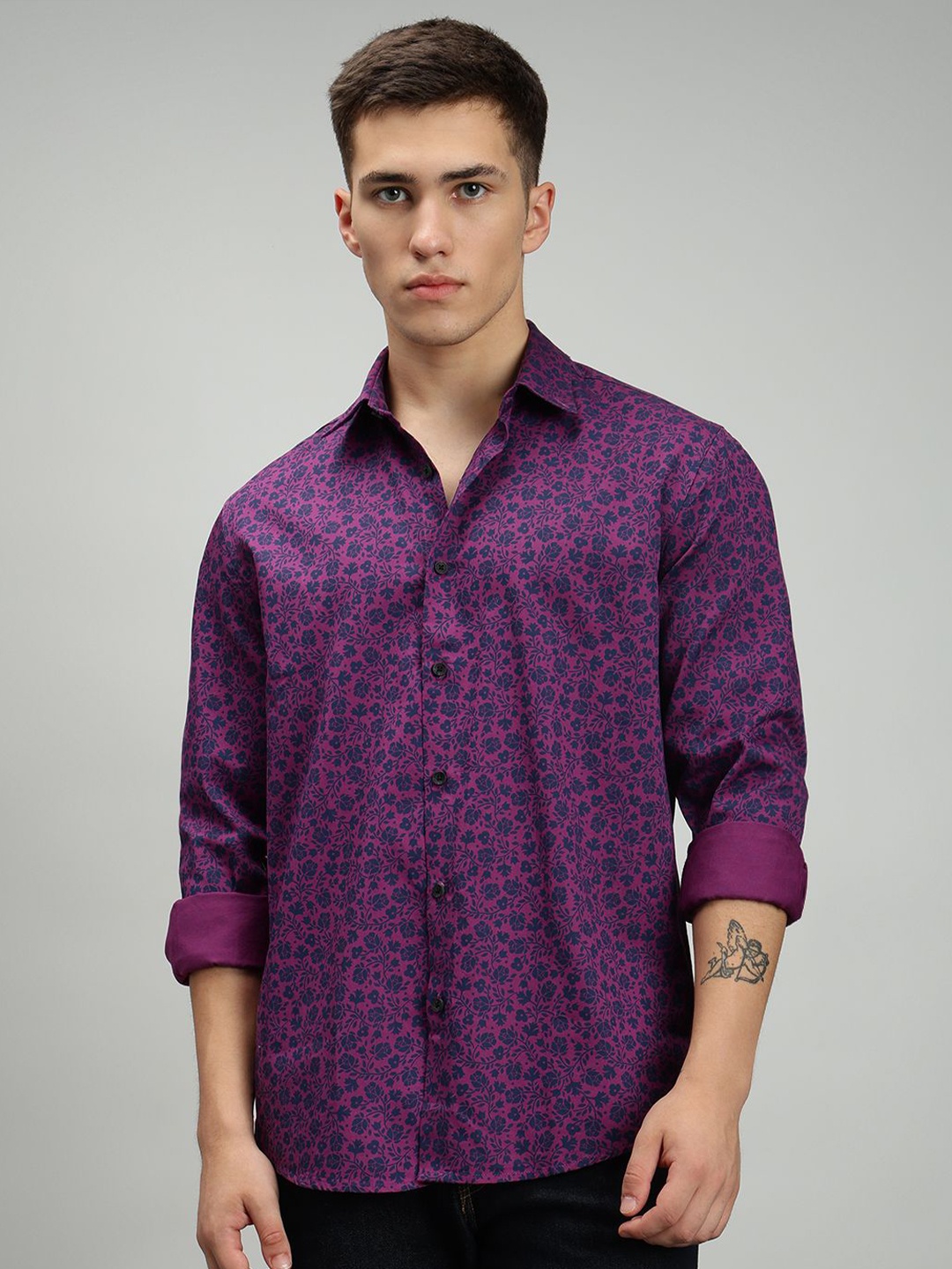 

MARC JOBBS Men Comfort Spread Collar Floral Printed Cotton Casual Shirt, Maroon