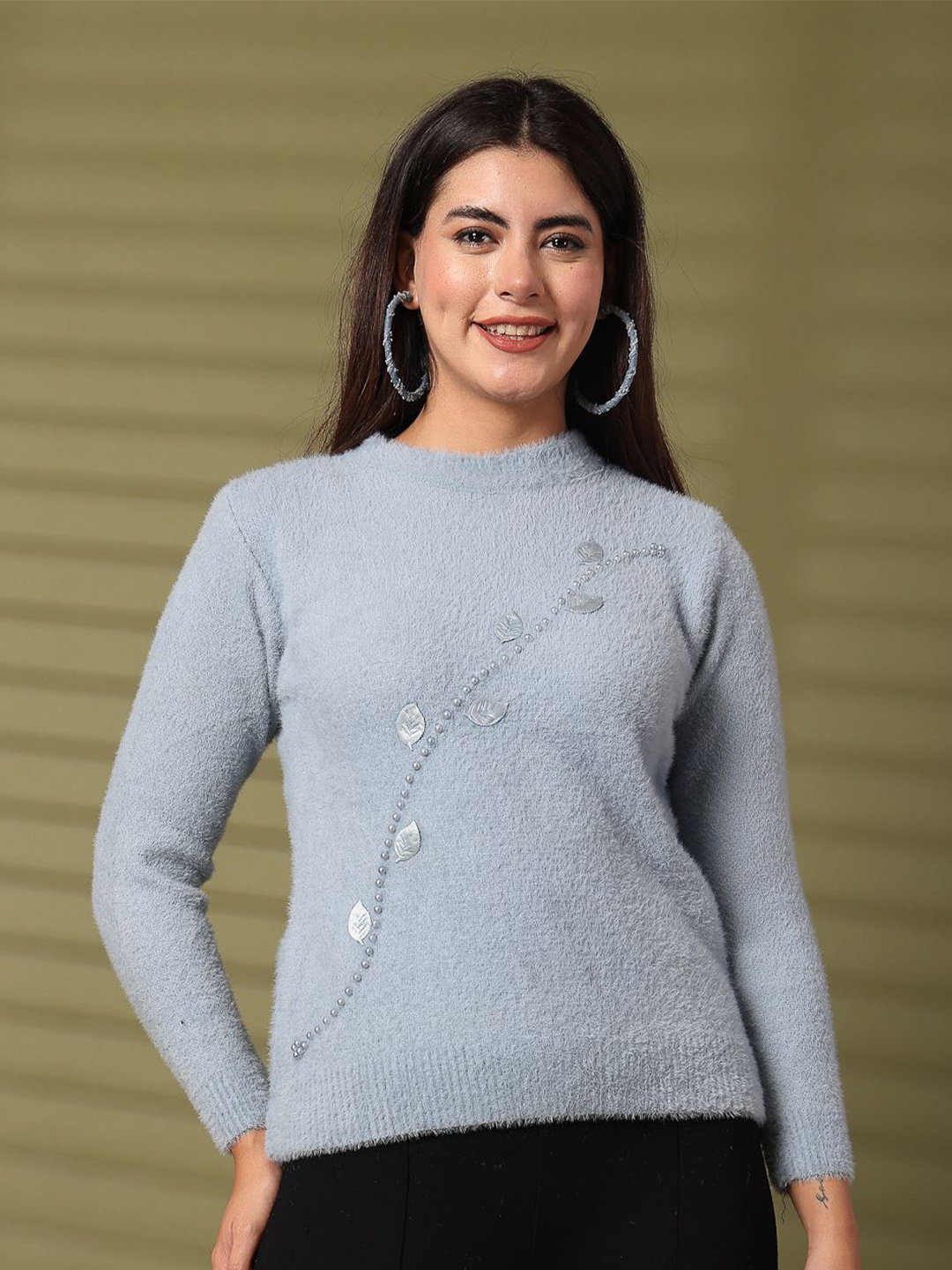 

Clora Creation Women Woollen Pullover Sweaters with Embellished Detail, Blue