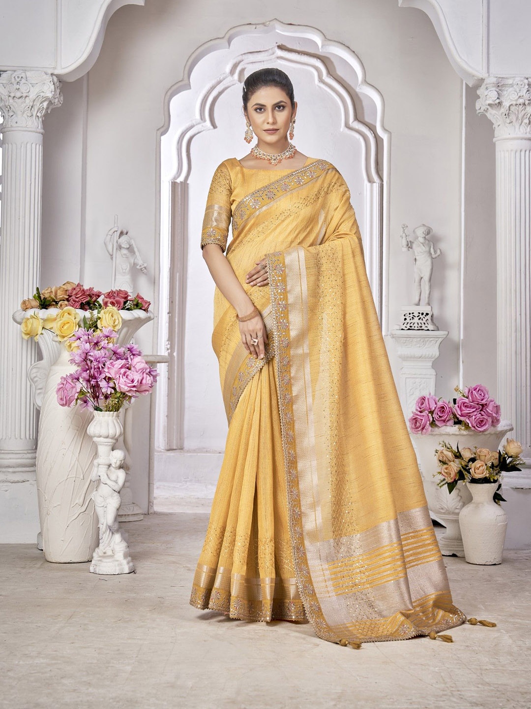 

Panzora Embellished Embroidered Saree, Yellow