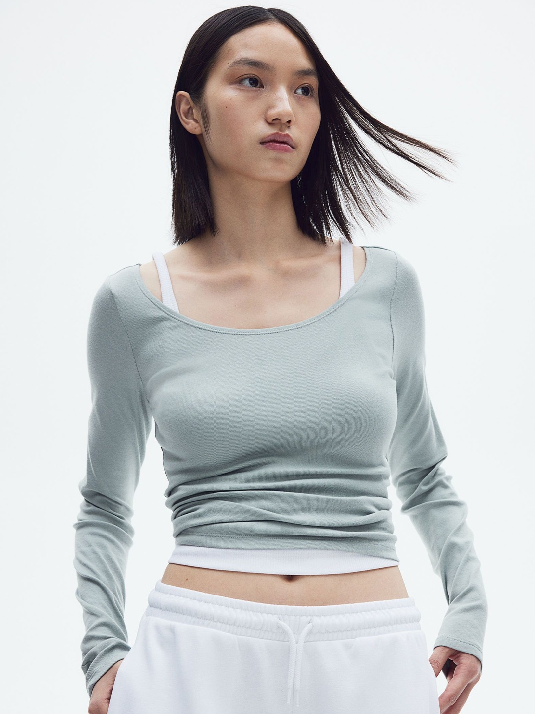 

H&M Boat Neck Cotton Tops, Turquoise blue