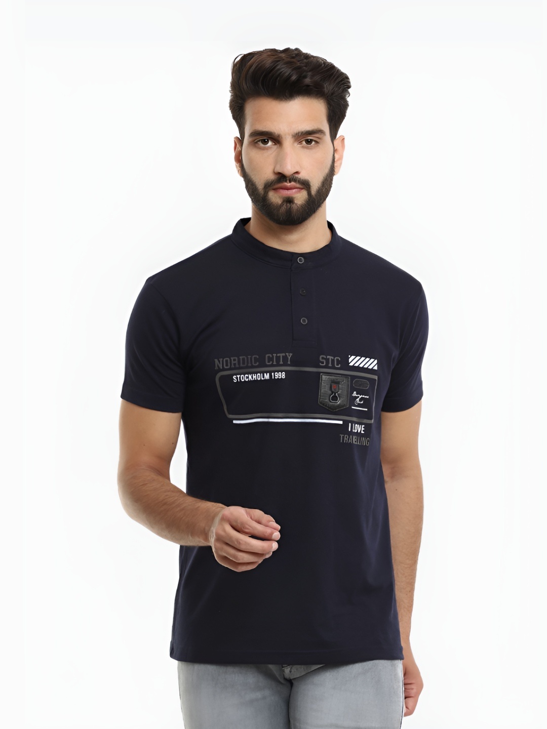 

V-Mart Men Graphic Printed Mandarin Collar Cotton T-shirt, Blue