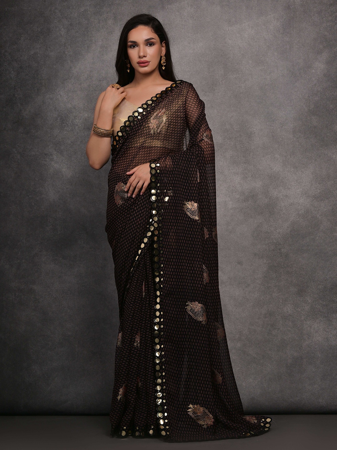 

Krimmple Embroidered Pure Georgette Fusion Saree, Black
