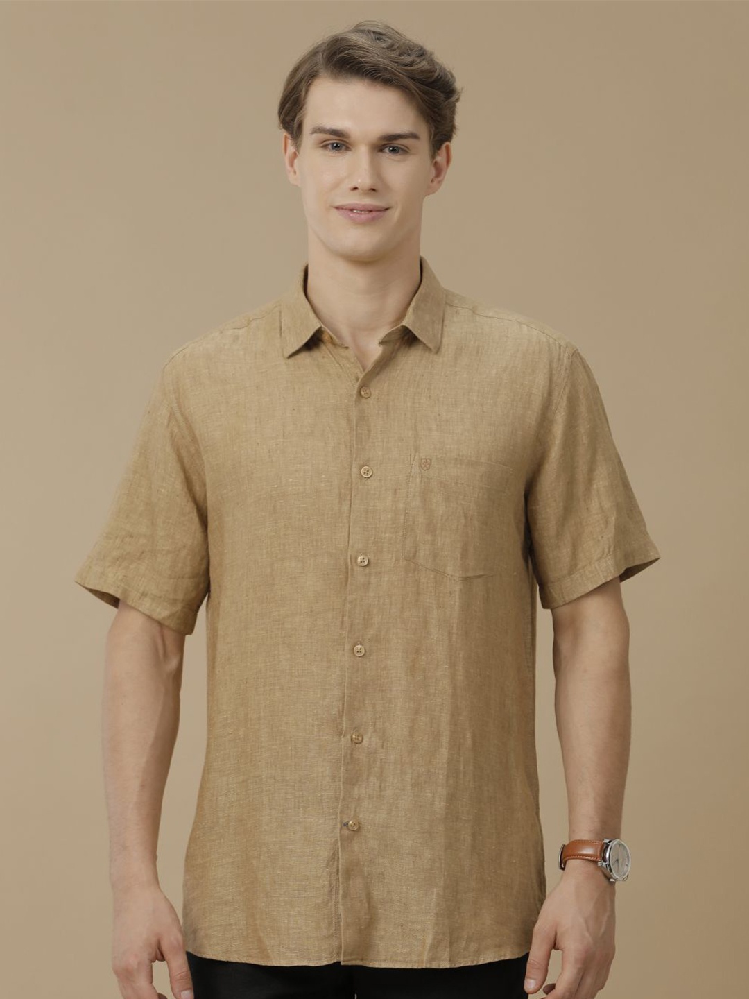 

Linen Club Men Contemporary Spread Collar Solid Slim Fit Casual Shirt, Brown