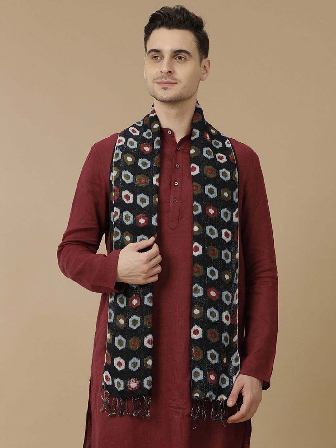 

Linen Club Unisex Linen Printed Tasselled Stole, Navy blue