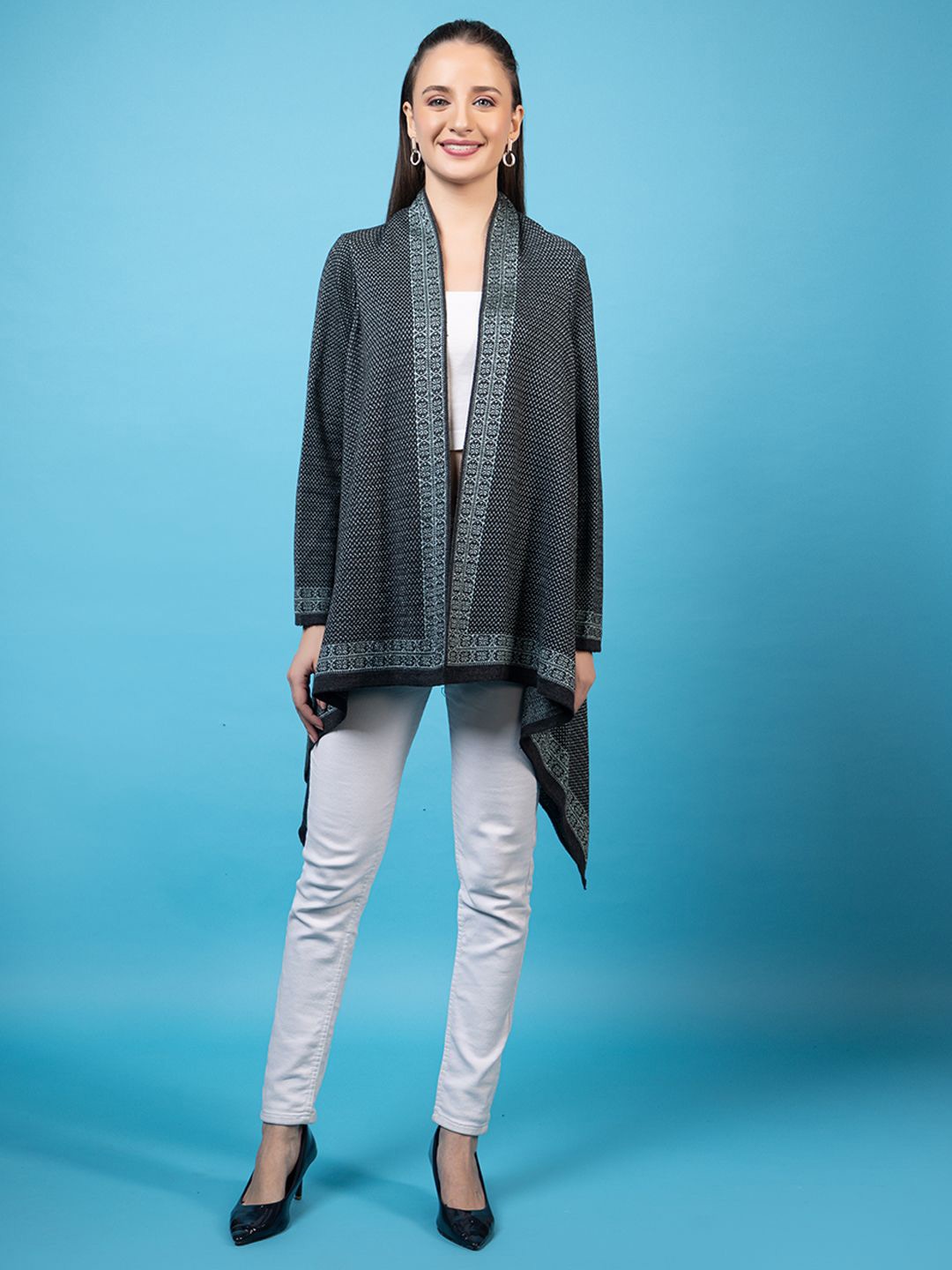 

Anouk Charcoal Printed Open Front Shrug