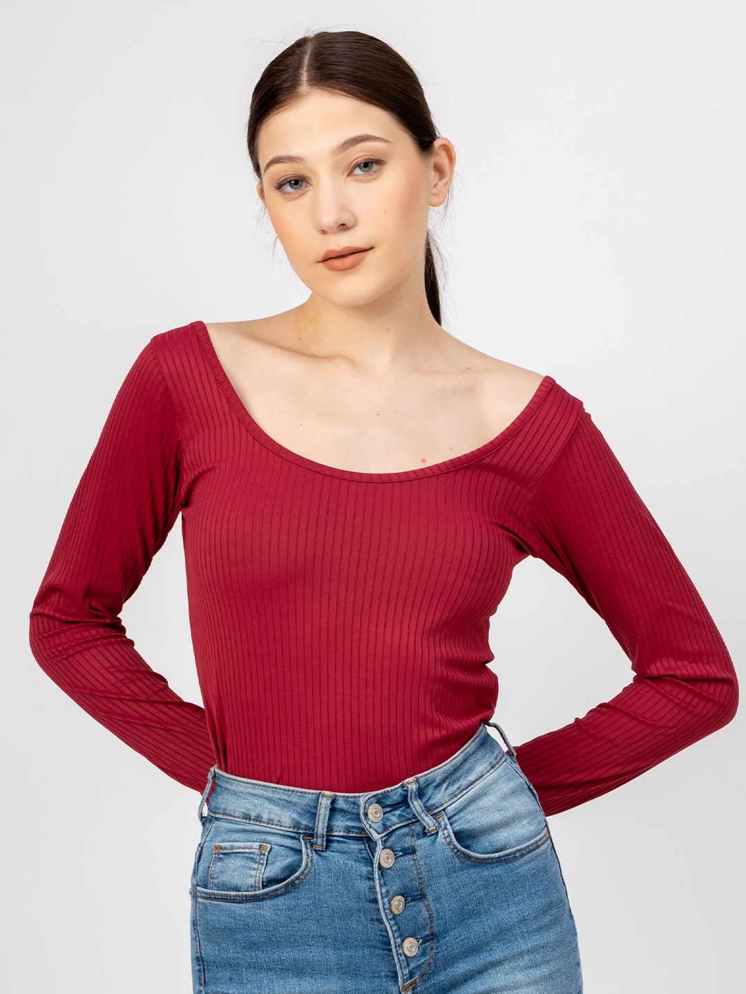 

Redamancii Women Scoop Neck Top, Maroon