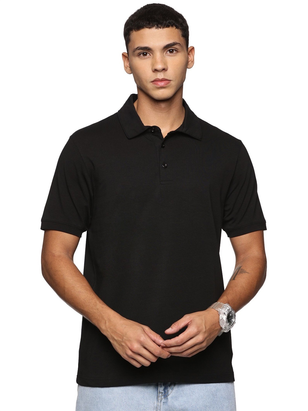 

THIRD QUADRANT Men Solid Polo Collar Cotton Oversized T-shirt, Black