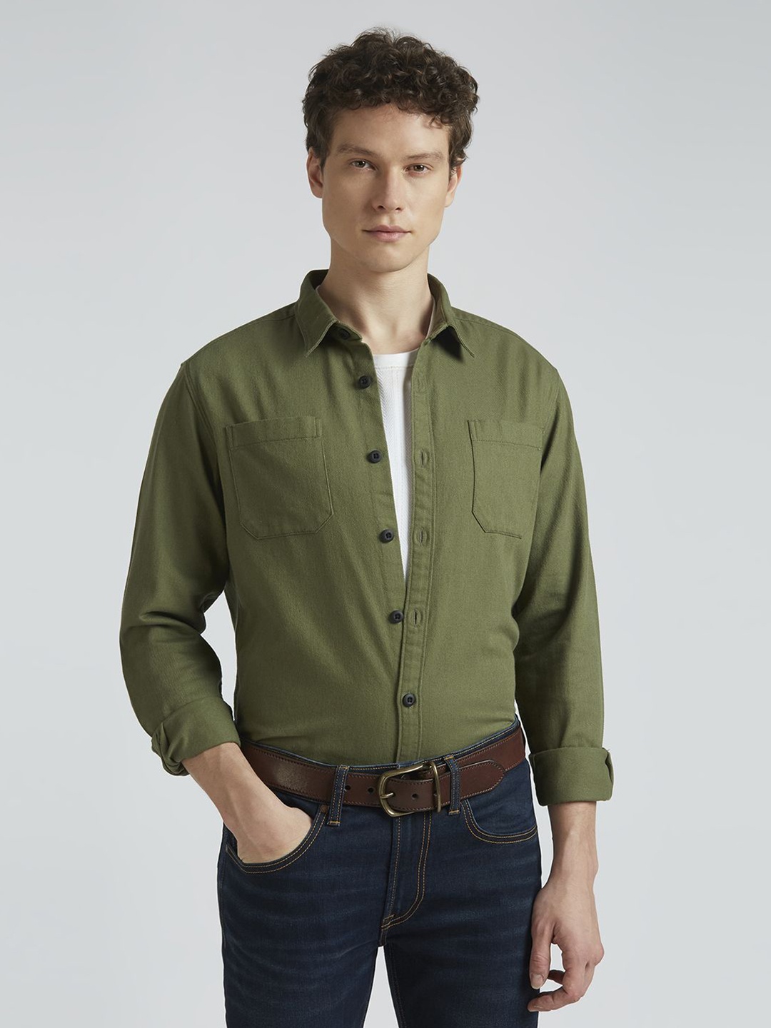 

Pepe Jeans Men Spread Collar Solid Cotton Casual Shirt, Green