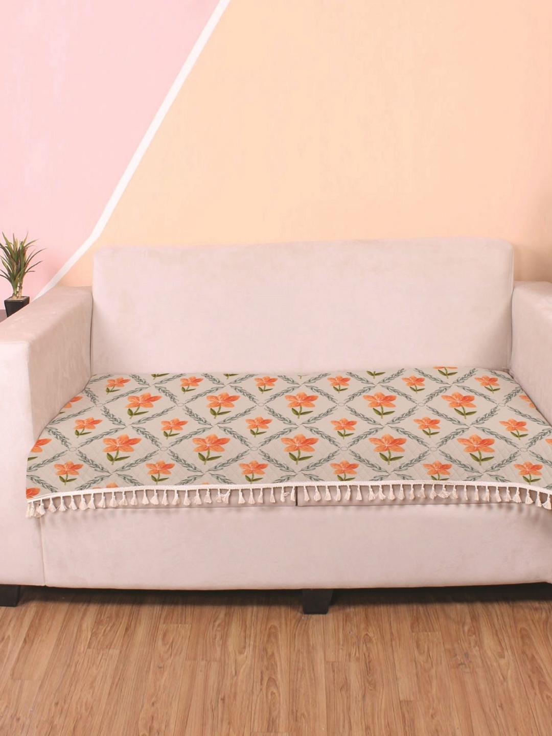 

STITCHNEST Orange & Beige Floral Printed Velvet 3 Seater Anti Slip Sofa Cover