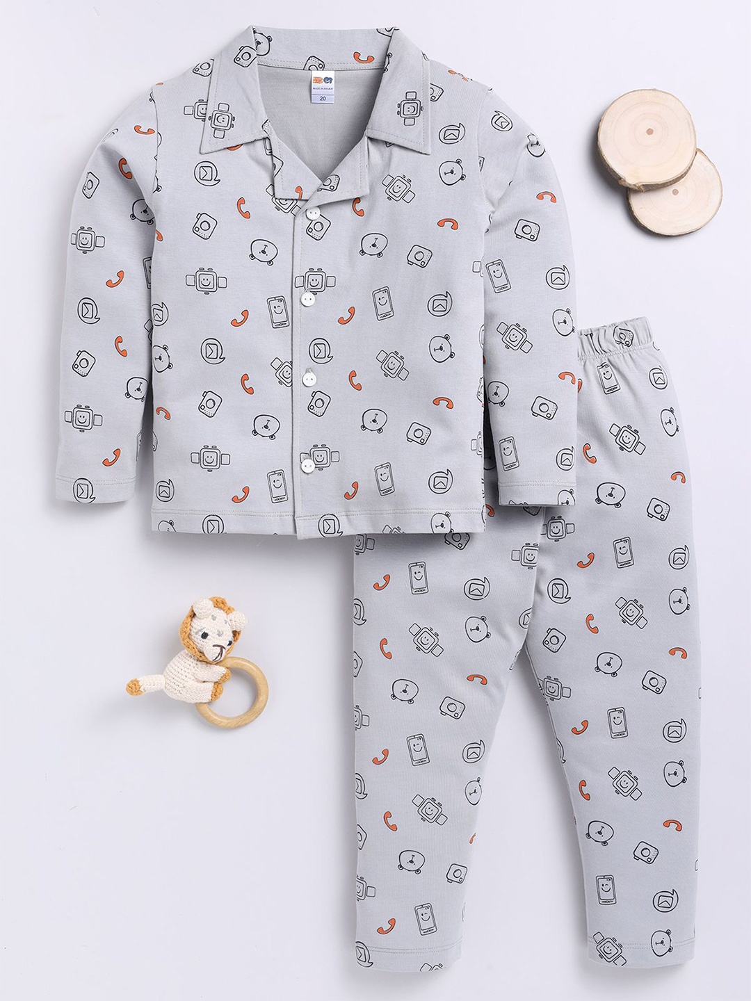 

LITTLE NINJA Boys Printed Pure Cotton T-shirt with Pyjamas, Grey
