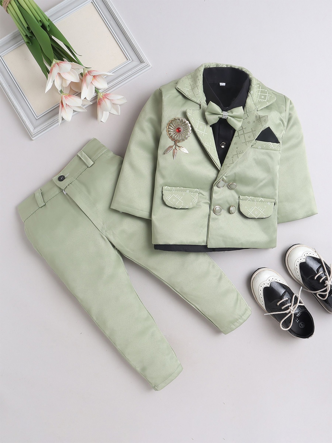 

FOURFOLDS Boys Notched Lapel Collar Double-Breasted Blazer with shirt and Trouser, Green