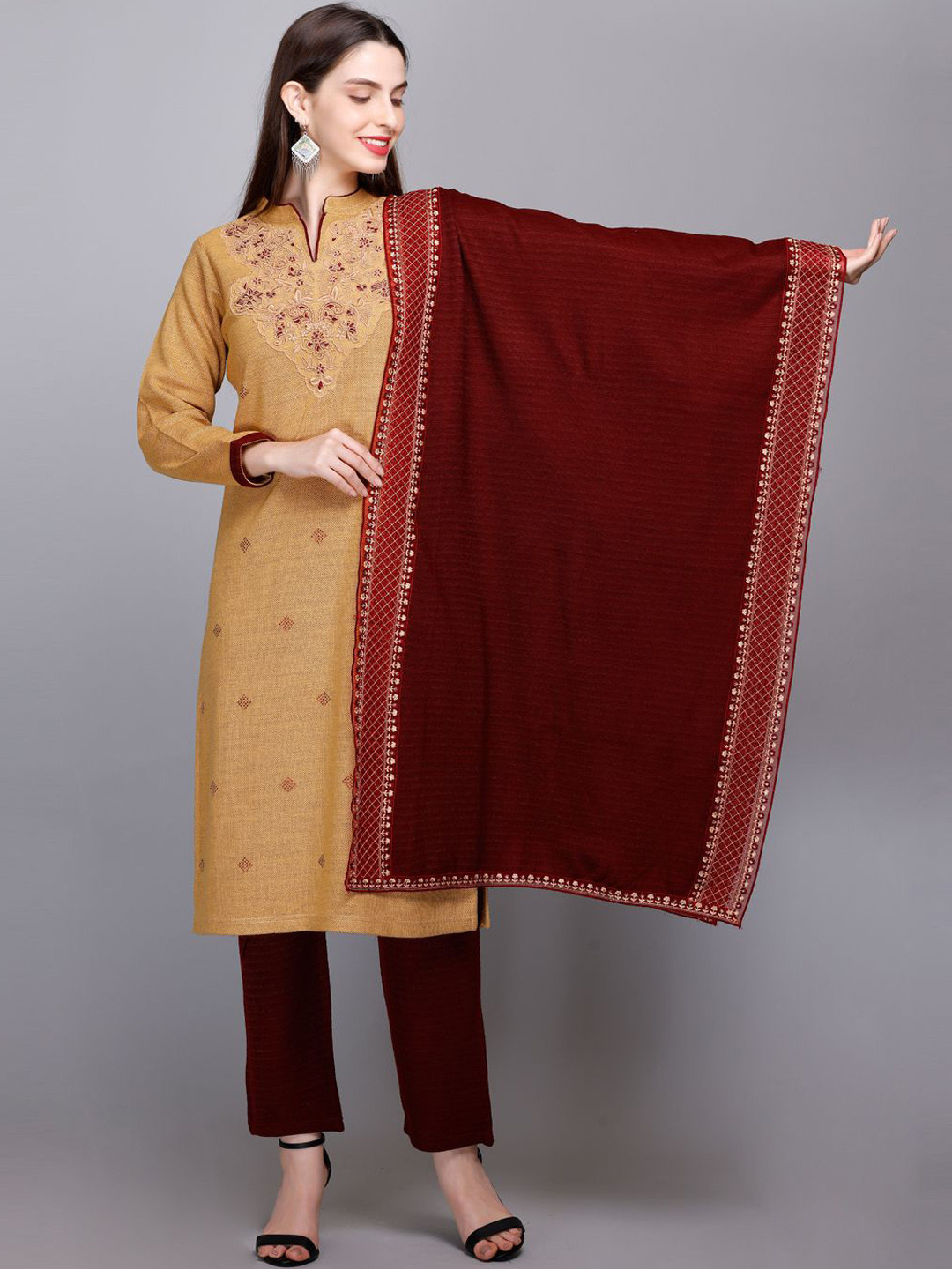 

Antiloop Floral Embroidered Mandarin Collar Straight Kurta with Trousers & Dupatta, Yellow