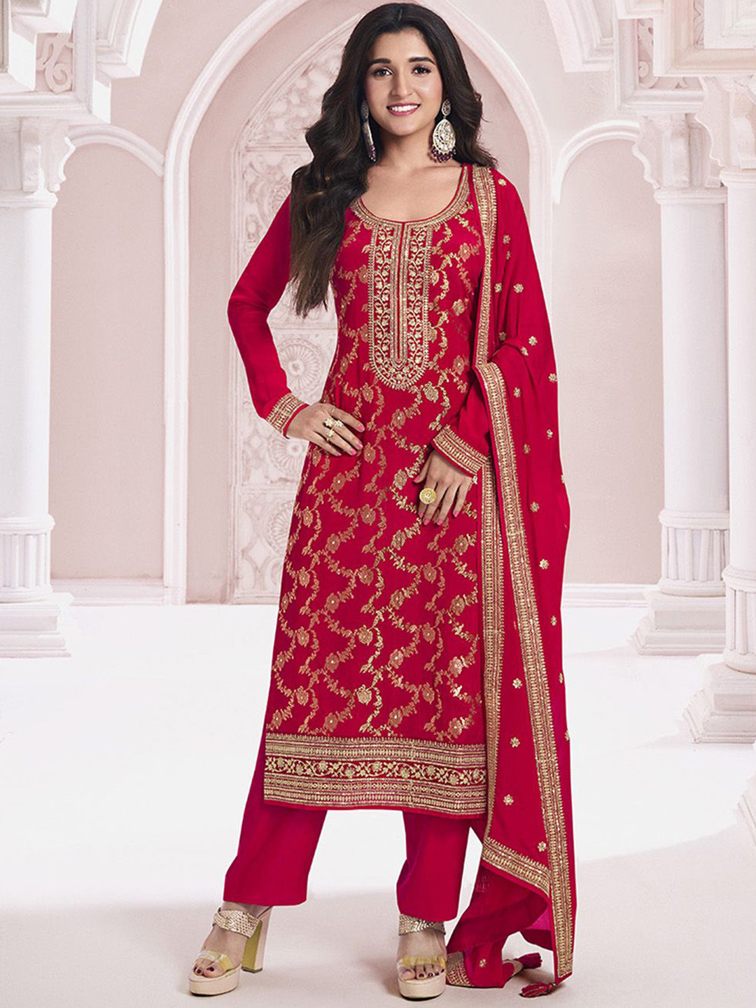 

Seerat Floral Woven Design Regular Zari Silk Chiffon Kurta With Trousers & Dupatta, Red