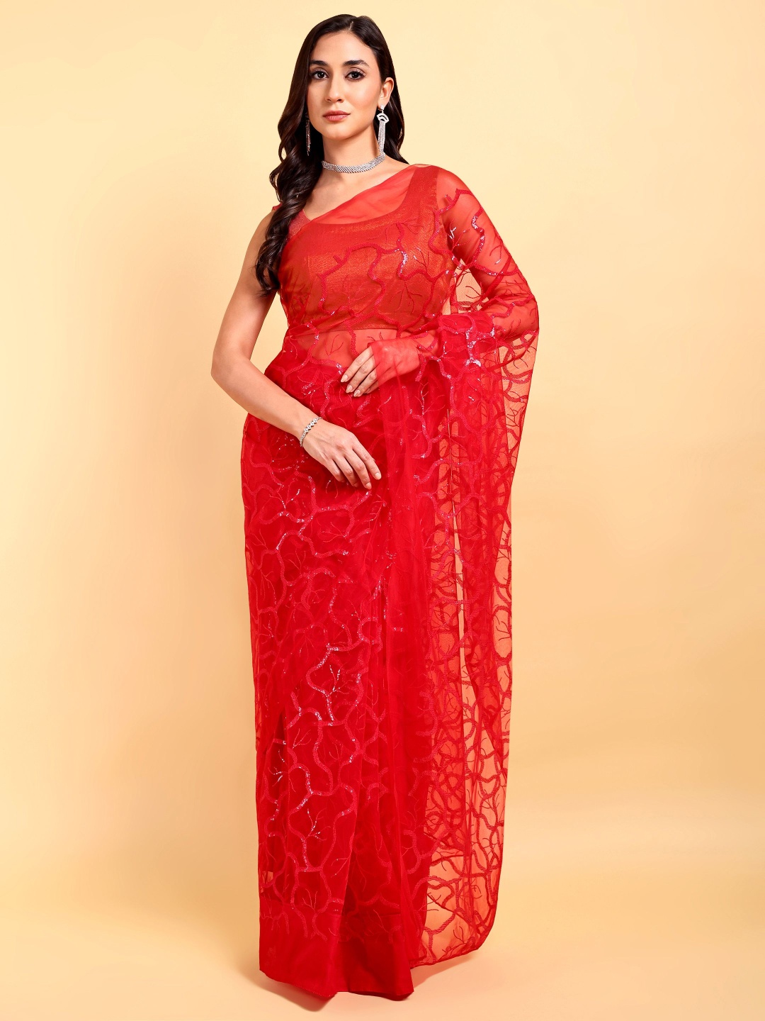

DOERAA Abstract Printed Embroidered Net Saree, Red