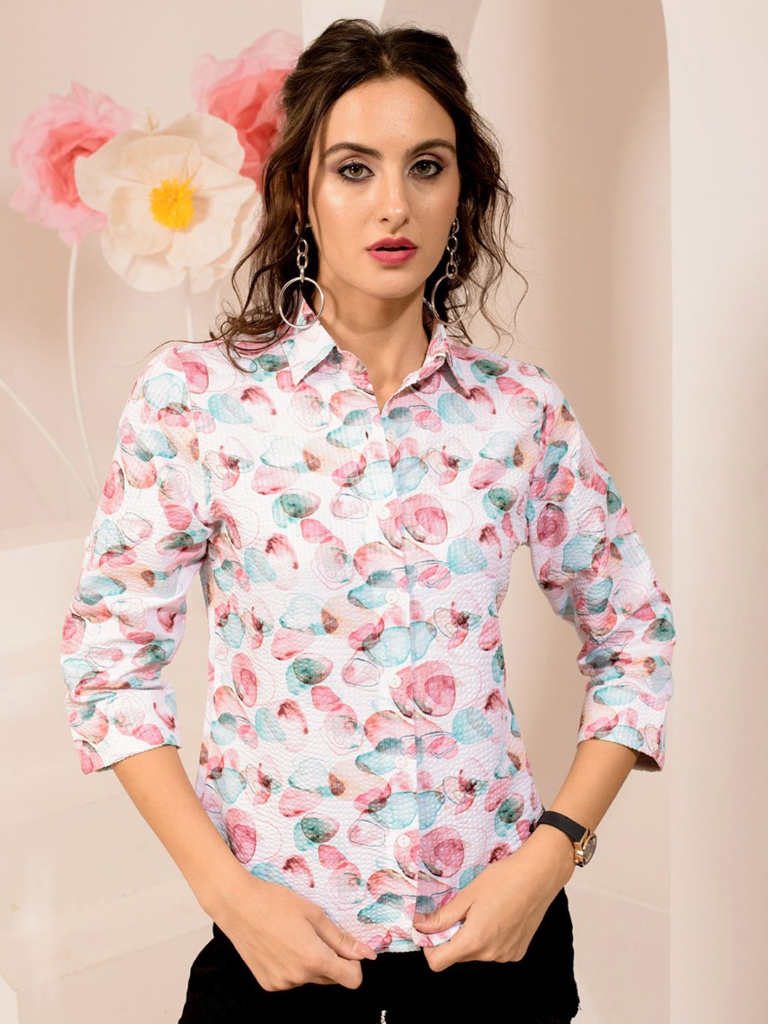 

TANDUL Women Standard Spread Collar Abstract Printed Casual Shirt, White