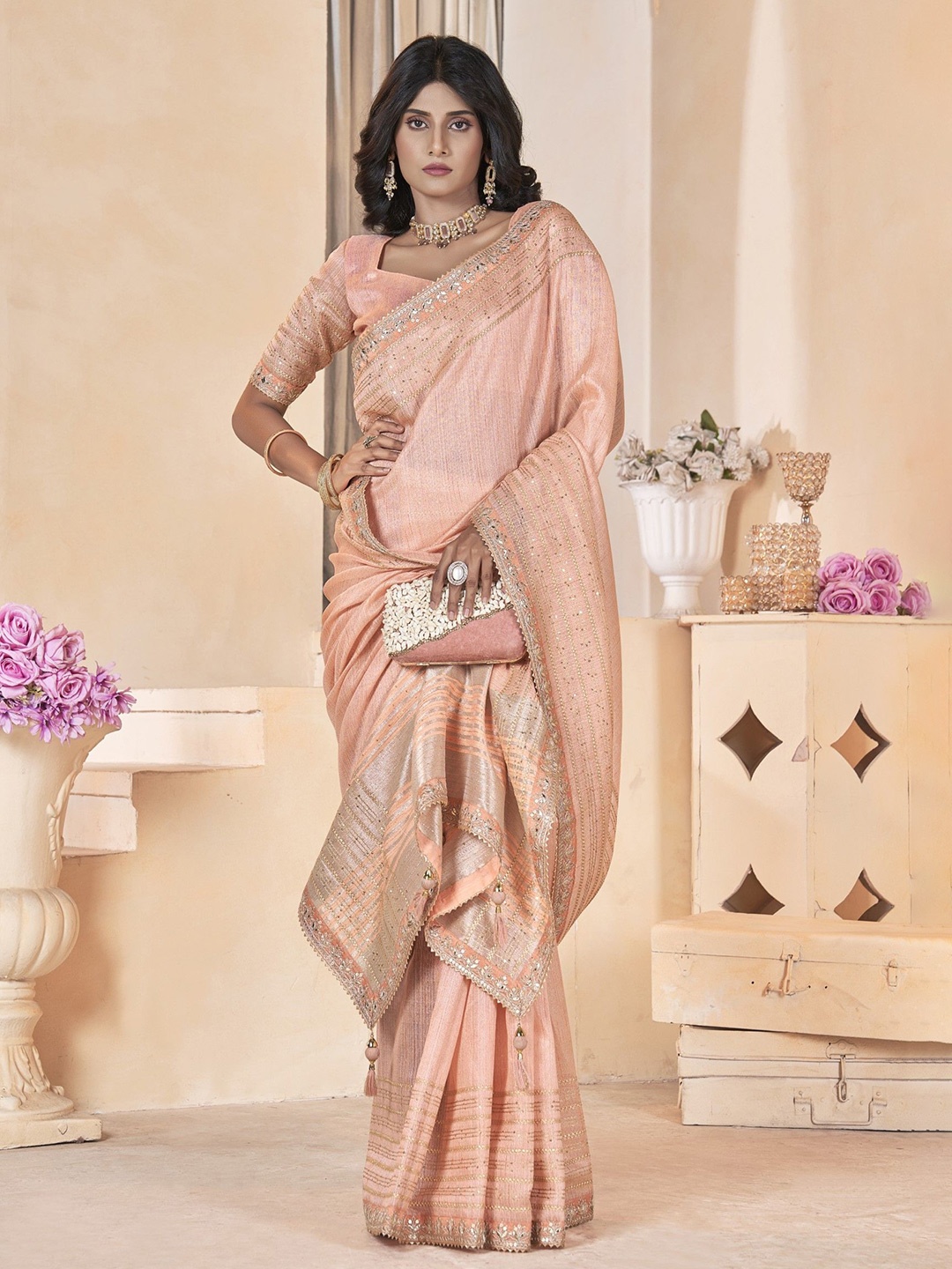 

Panzora Embellished Sequinned Organza Saree, Peach