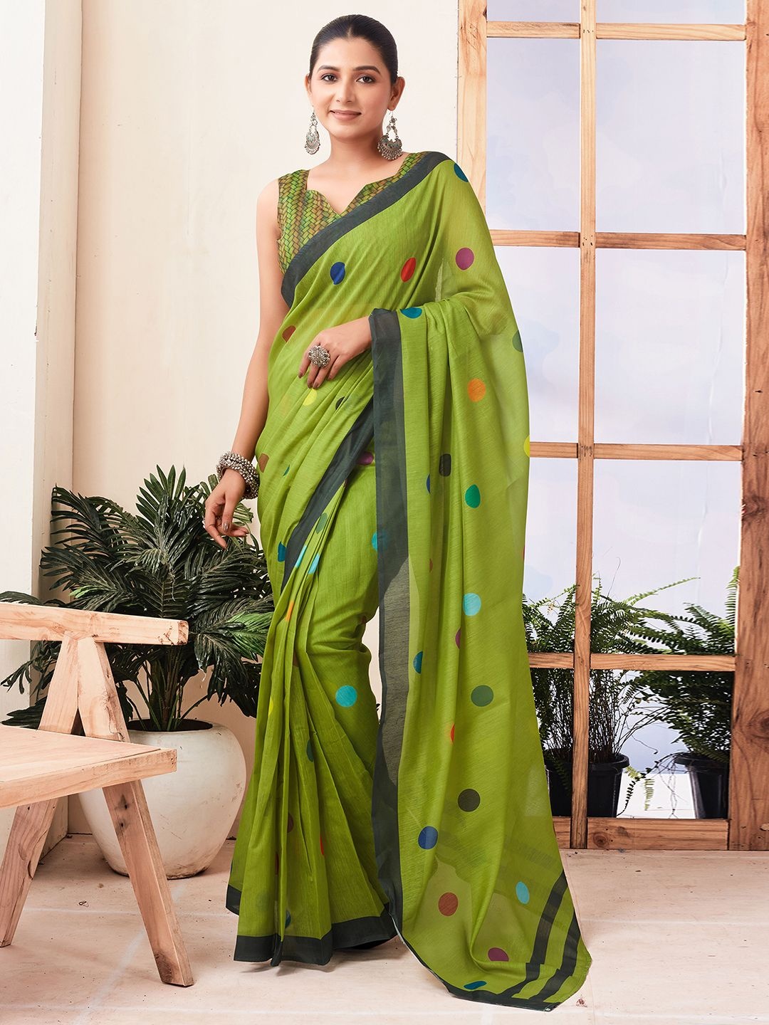 

Mitera Polka Dot Pure Cotton Ikat Saree, Green