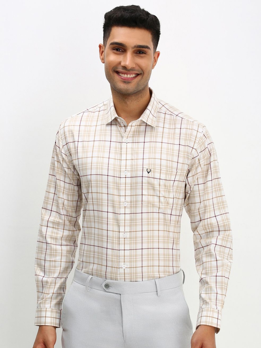 

Allen Solly Men Spread Collar Checked Cotton Slim Fit Formal Shirt, Beige