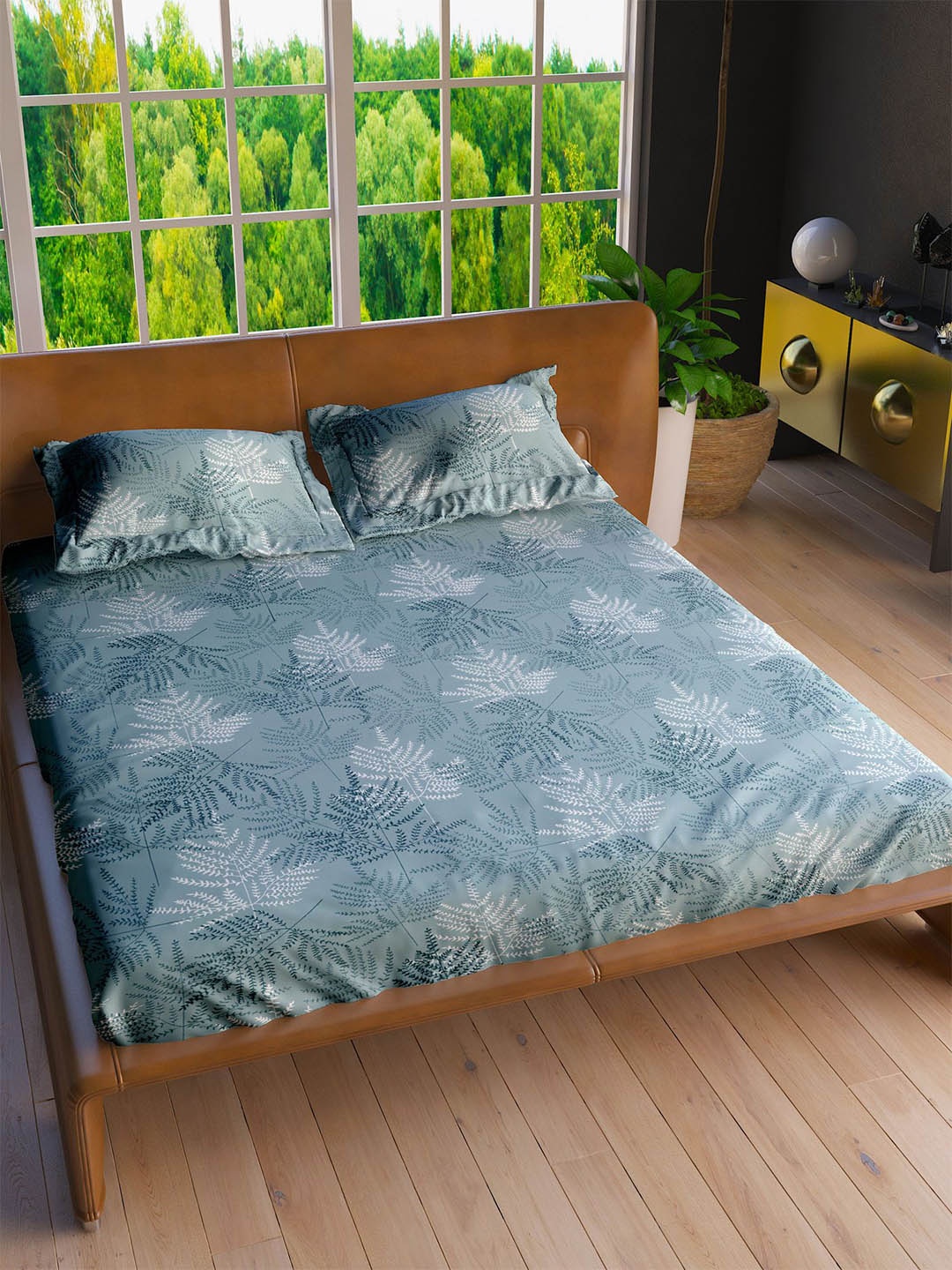

LABHAM Blue & Off White Floral Printed Cotton 160 TC King Bedsheet with 2 Pillow Covers