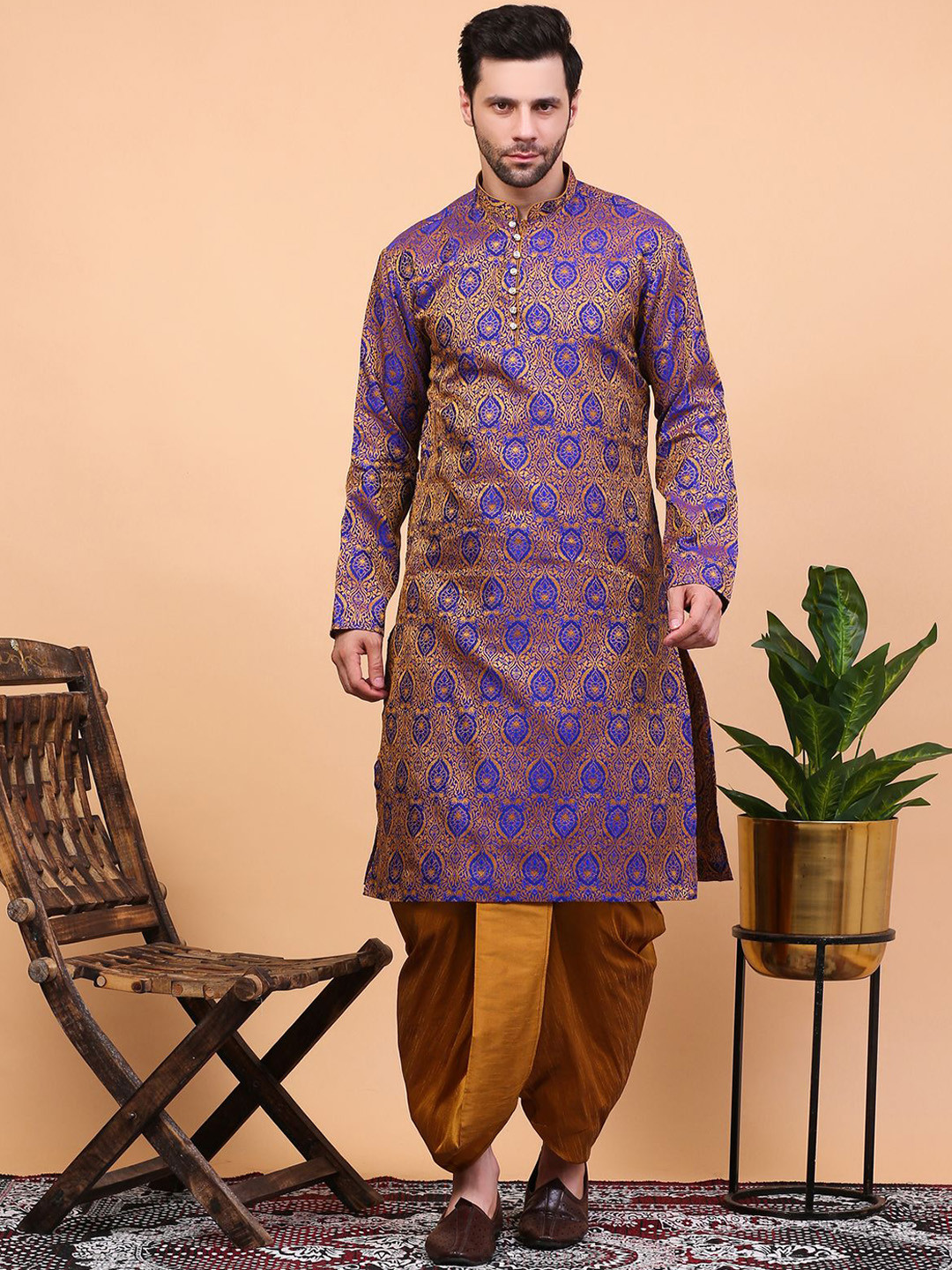 

Sydney Heights Ethnic Motifs Woven Design Regular Zari Kurta With Dhoti Pants, Blue