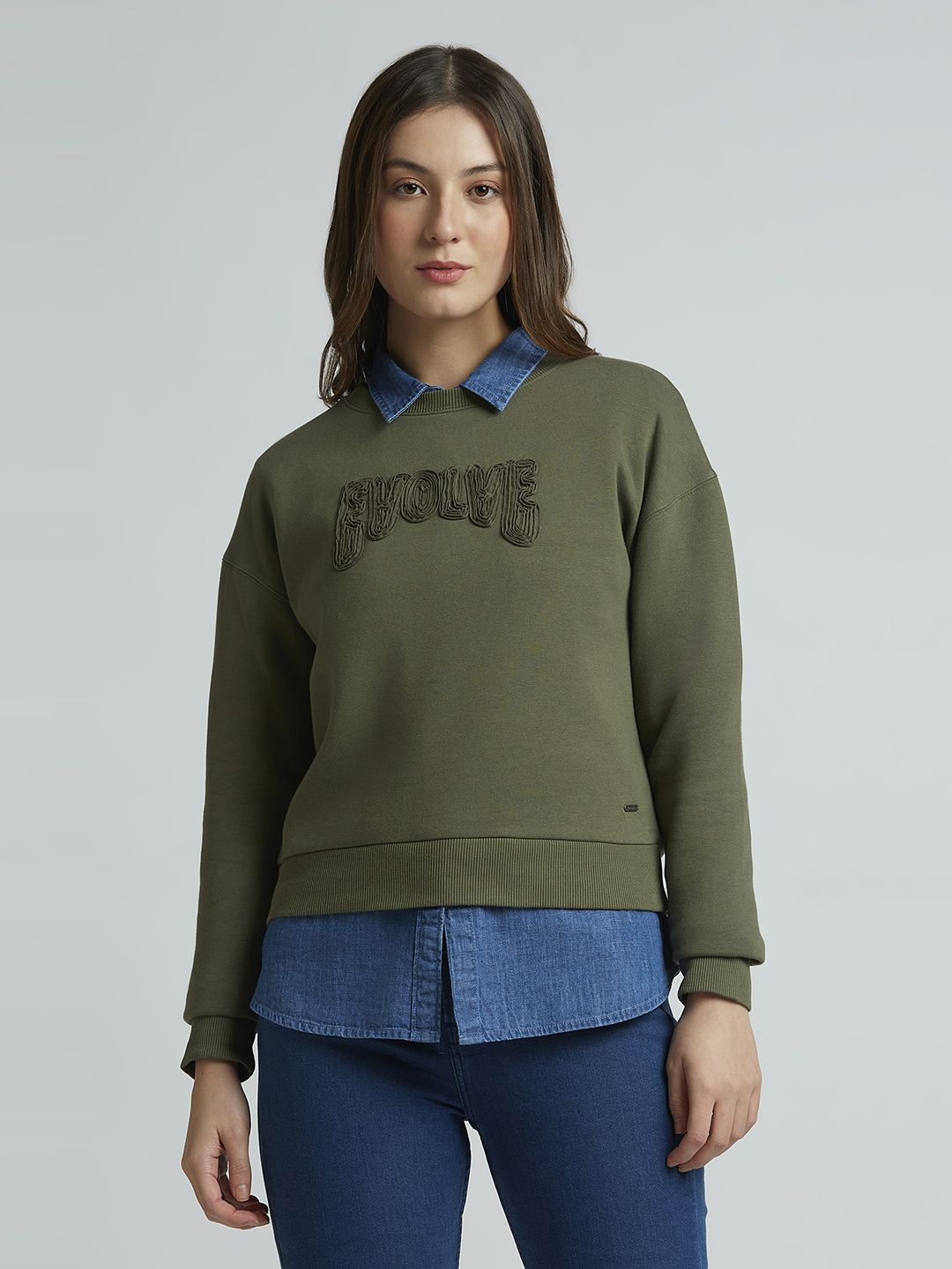 

Pepe Jeans Women Typography Printed Round Neck Cotton Pullover Sweatshirt, Green