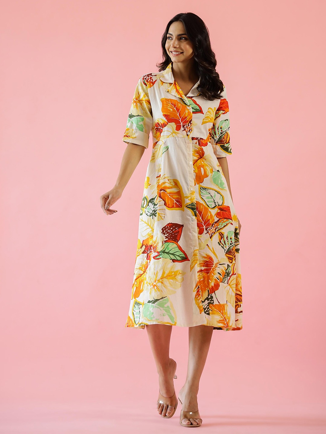 

FLAVIA CREATION Women Floral Print A-Line Midi Dress, Cream