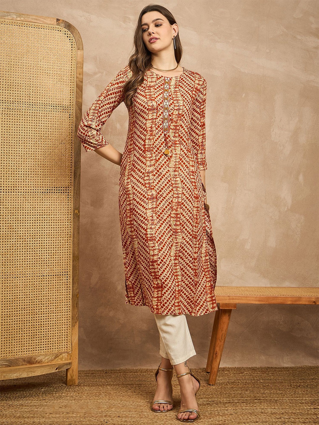 

all about you Women Printed Straight Kurtas, Peach