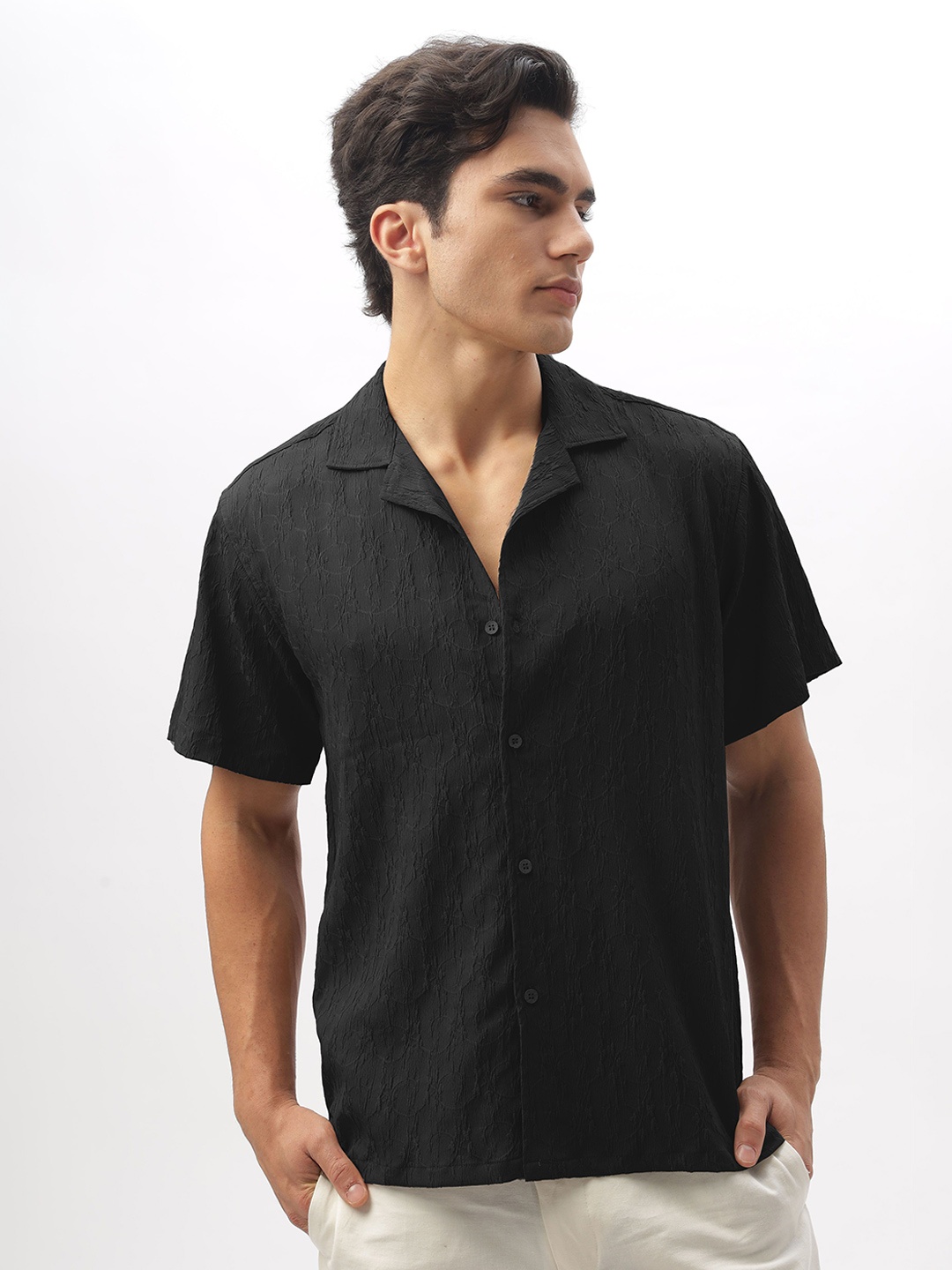 

HAMPTONS Men Cotton Crochet Self Design Fabric Vacation Shirt, Black