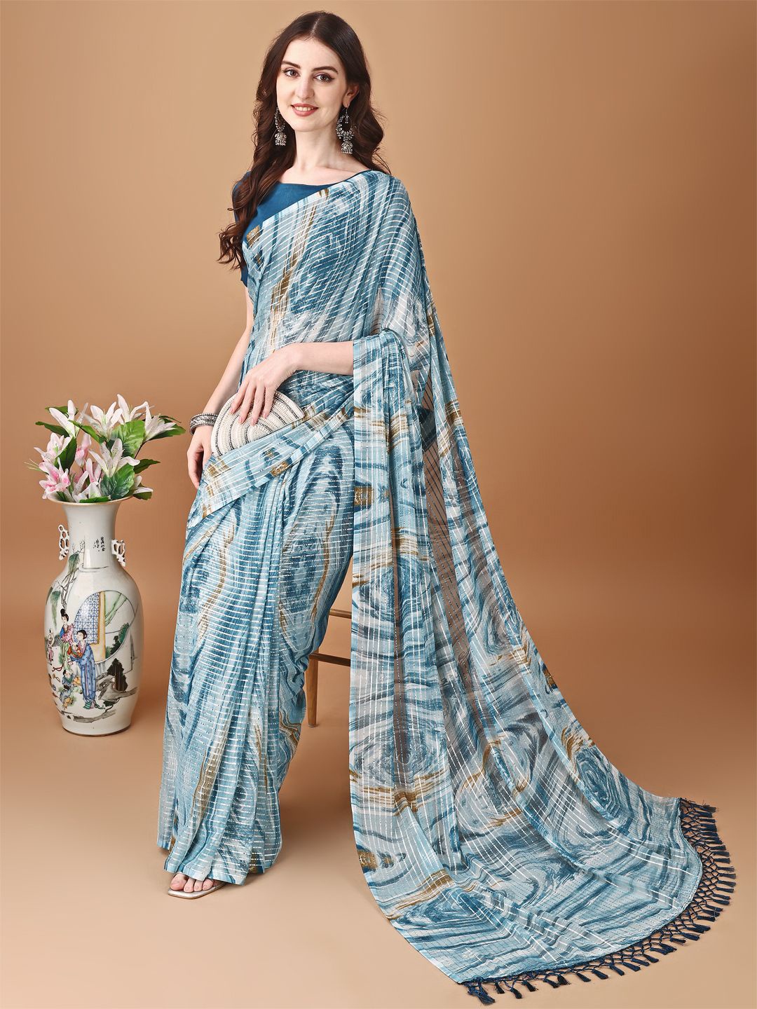 

KALINI Striped Printed Saree, Teal